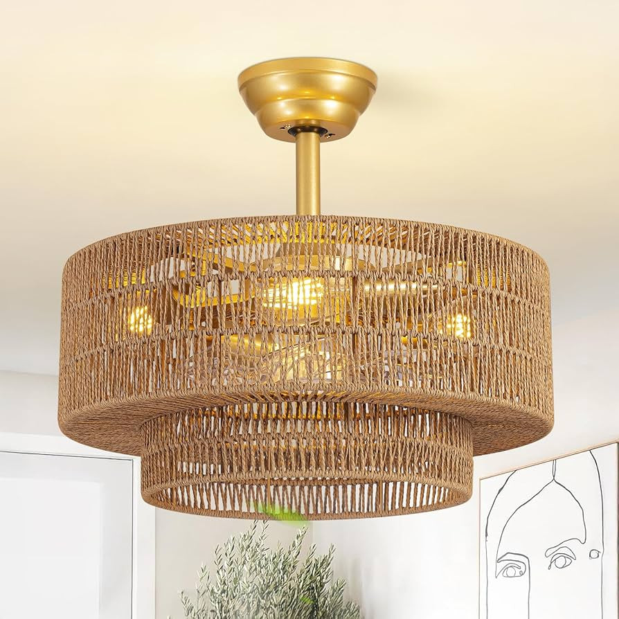 Jughtbo Boho Caged Fandelier with Lights Flush Mount Rattan Ceiling Fan with Lights and Remote Control, Enclosed 6 Speeds Low Profile Fan Light for Bedroom, Living Room, Kitchen - Amazon.com | Amazon (US)