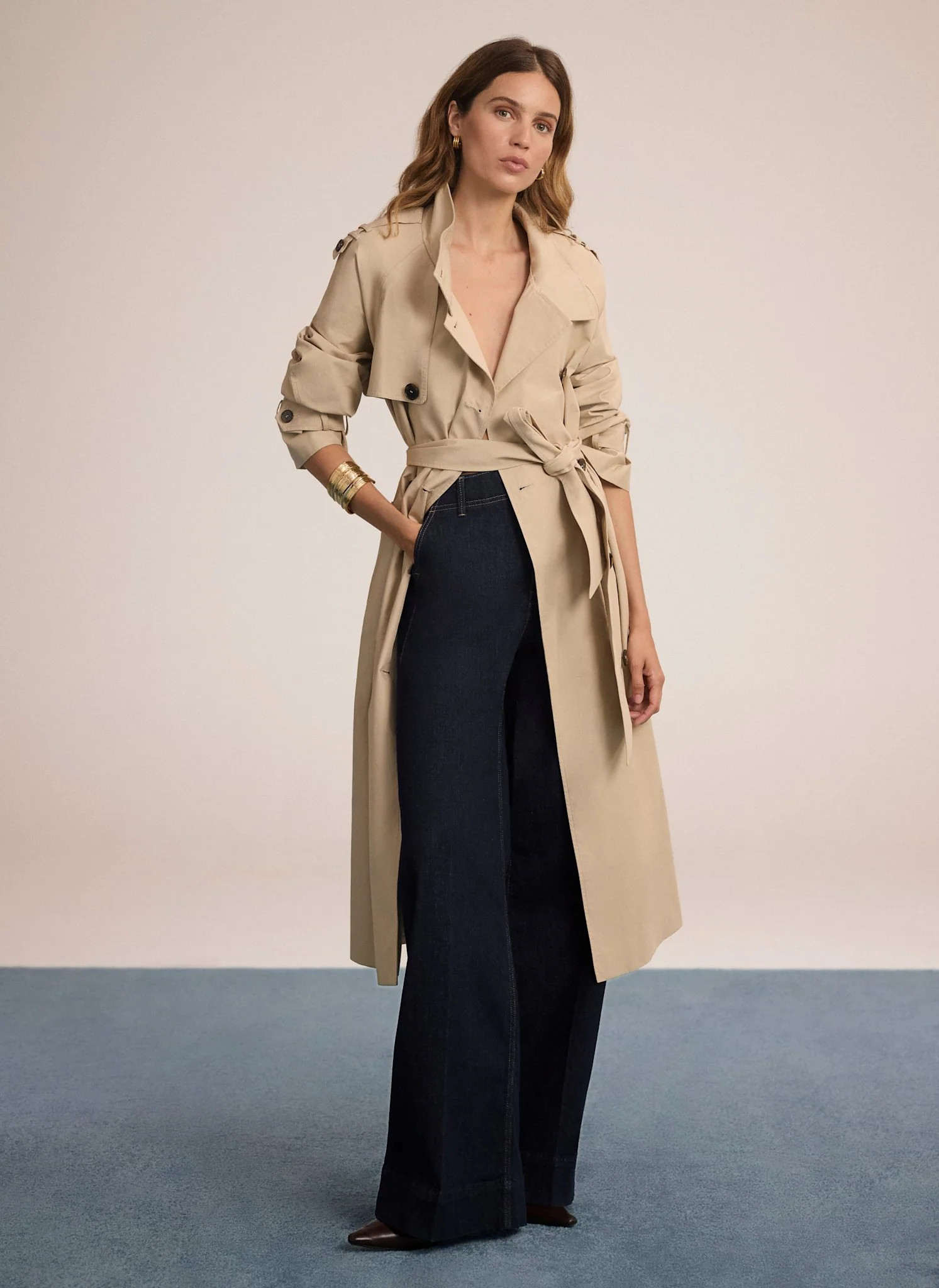 Neutral Cotton Funnel Neck Trench Coat | Mint Velvet