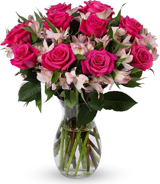 Benchmark Bouquets - Charming Roses & Alstroemeria (Glass Vase Included) - Fresh Flowers for Deli... | Amazon (US)