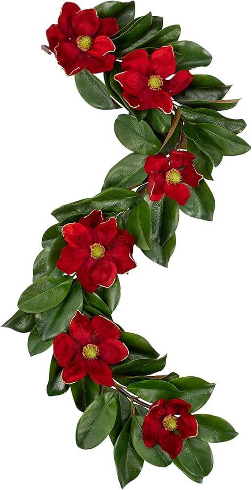 4 Feet Artificial Christmas Garland Fake Burgundy Magnolia Flower Garland Hanging Xmas Décor for... | Amazon (US)