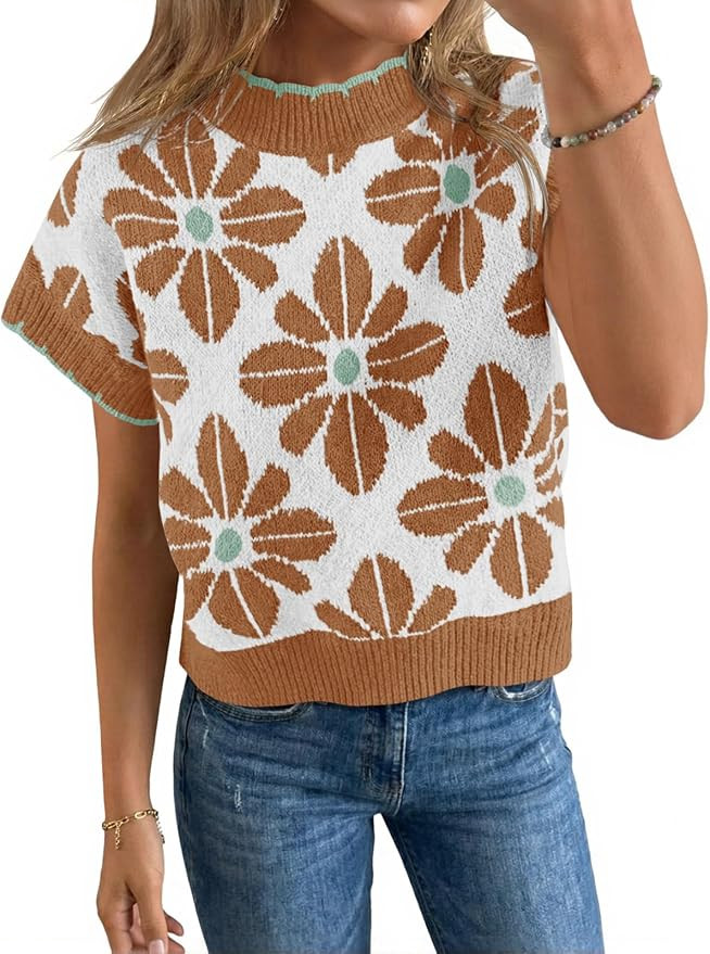 Saodimallsu Womens Floral Sweater Tops Short Sleeve Vintage Crew Neck Loose Knit Summer Pullover ... | Amazon (US)