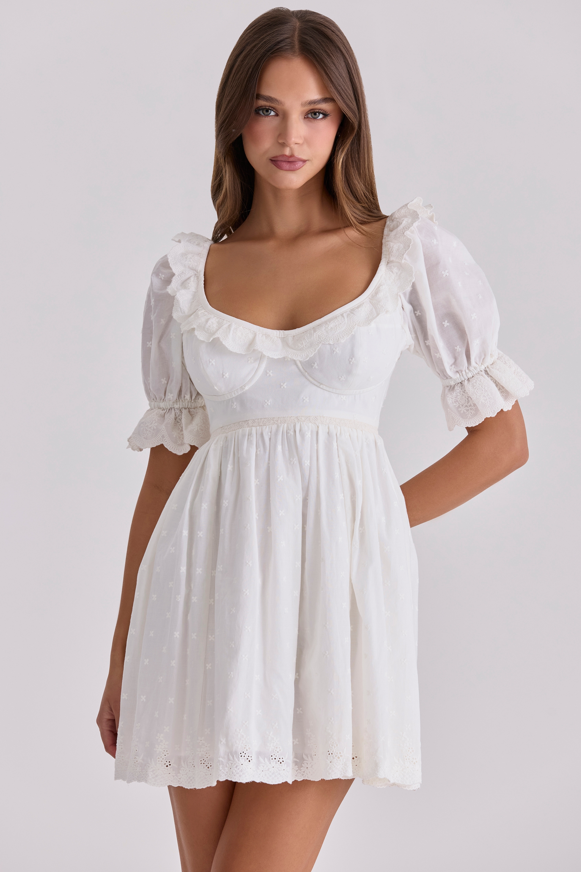 white broderie anglaise regency babydoll mini dress | House of CB