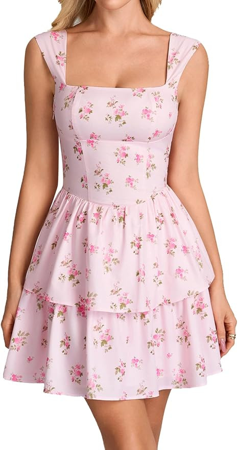 Parthea Floral Square Neck Graduation Mini Dress Tiered Ruffle A Line Tie Bow Party Short Dresses... | Amazon (US)