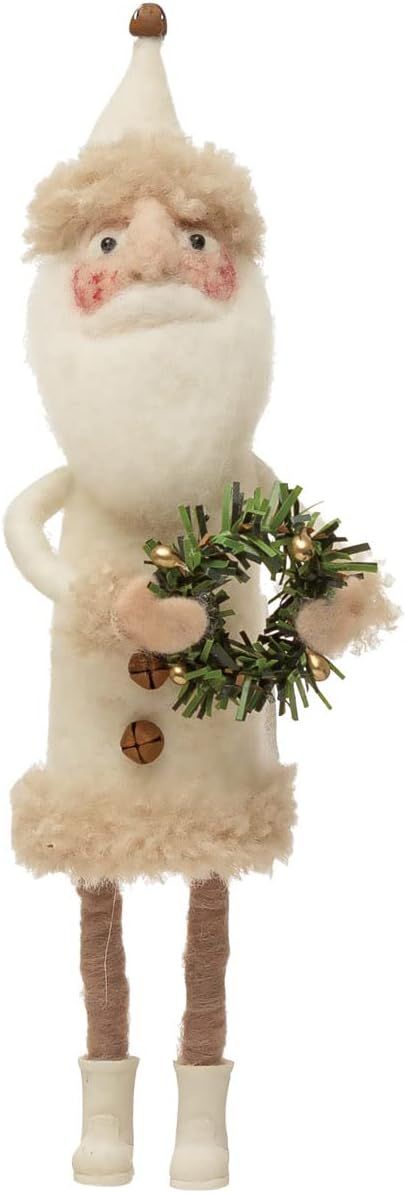 Wool Felt Santa with Jingle Bell Buttons and Wreath, Cream | Amazon (US)