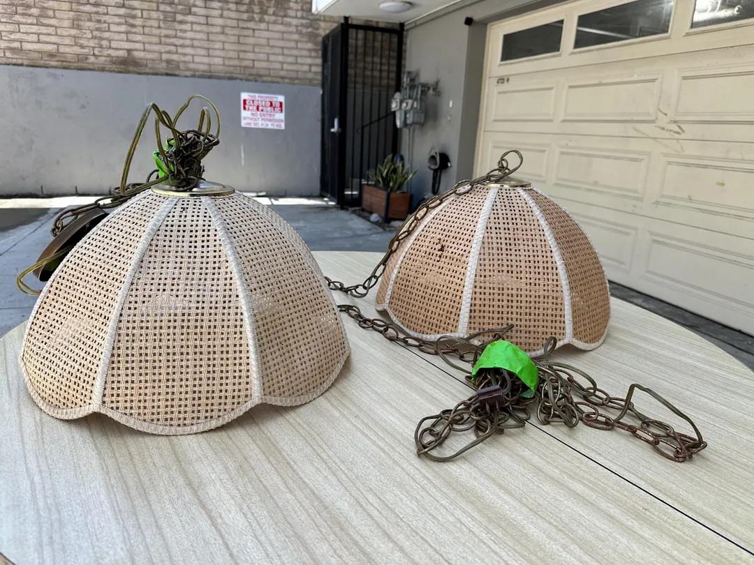 Vintage Mid Century Matched PAIR of Rattan Wicker Cane Tulip Swag Pendant Hanging Lamps Boho Chic... | Etsy (US)