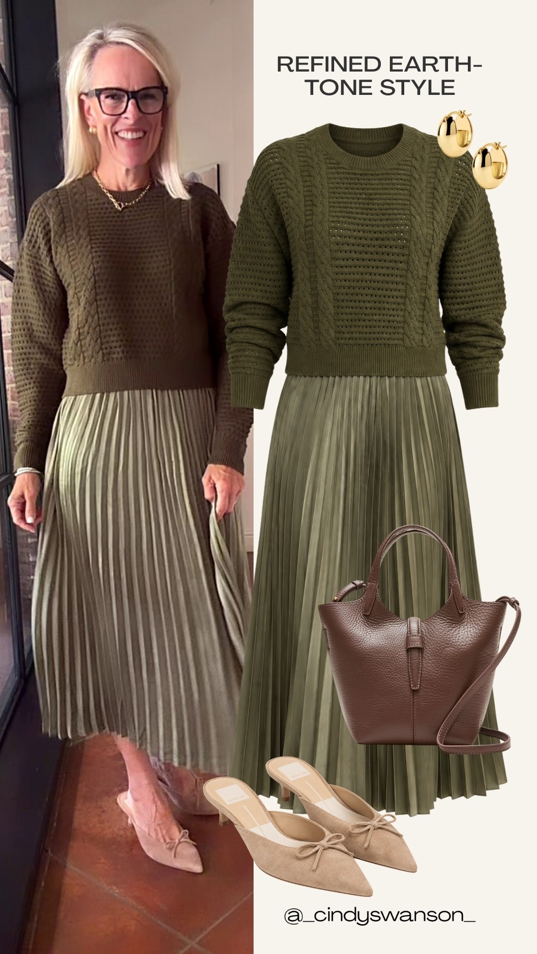 I love the rich olive tones in this outfit. This textured sweater paired with a pleated midi skirt feels polished without being fussy, and the neutral flats and brown handbag keep the look beautifully grounded. Such an easy formula for fall lunches, dinners, or everyday plans.

#LTKootd #LTKOver40