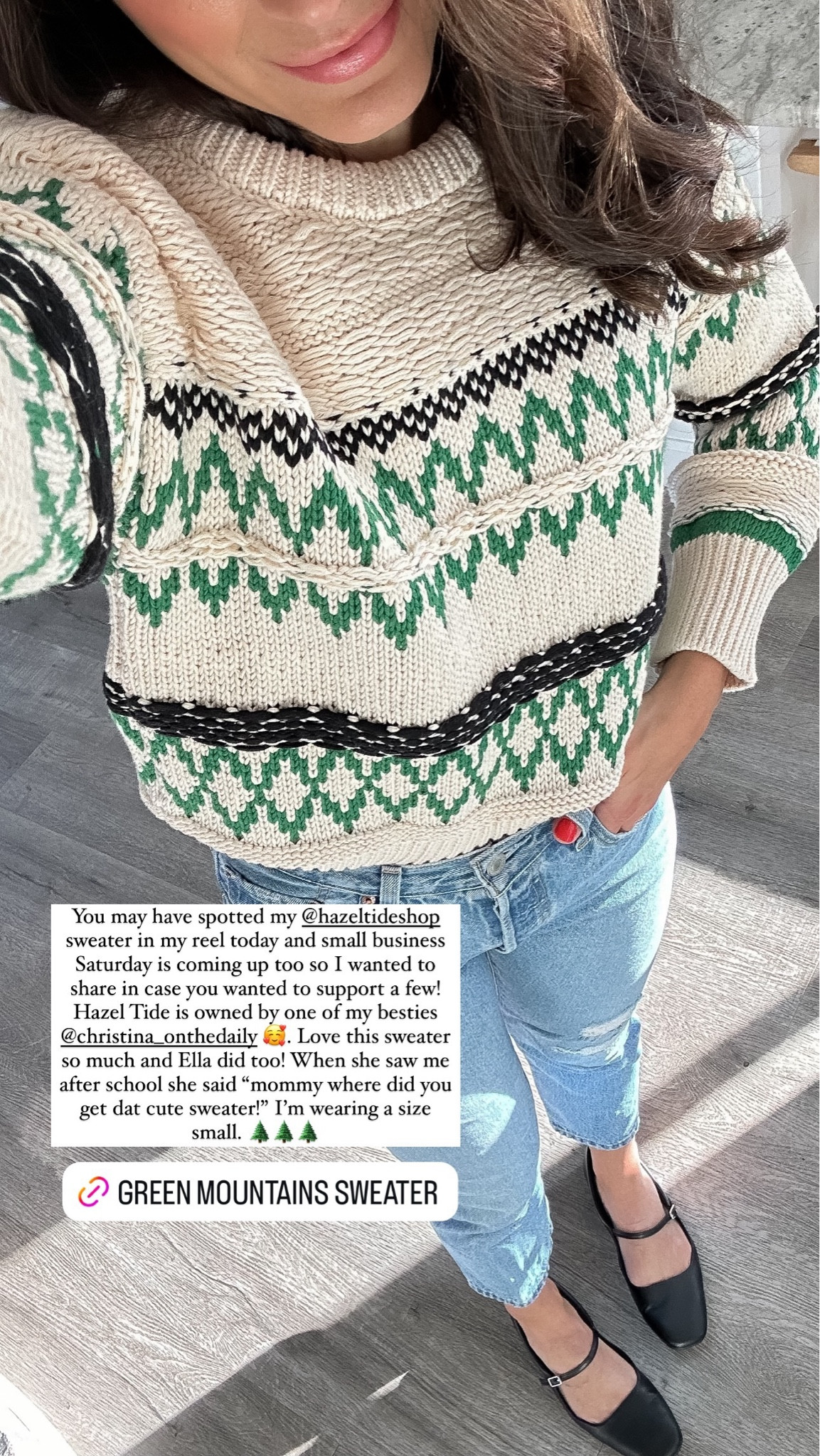 You may have spotted my @hazeltideshop sweater in my reel today and small business Saturday is coming up too so I wanted to share in case you wanted to support a few! Hazel Tide is owned by one of my besties @christina_onthedaily 🥰. Love this sweater so much and Ella did too! When she saw me after school she said “mommy where did you get dat cute sweater!” I’m wearing a size small. 🌲🌲🌲
