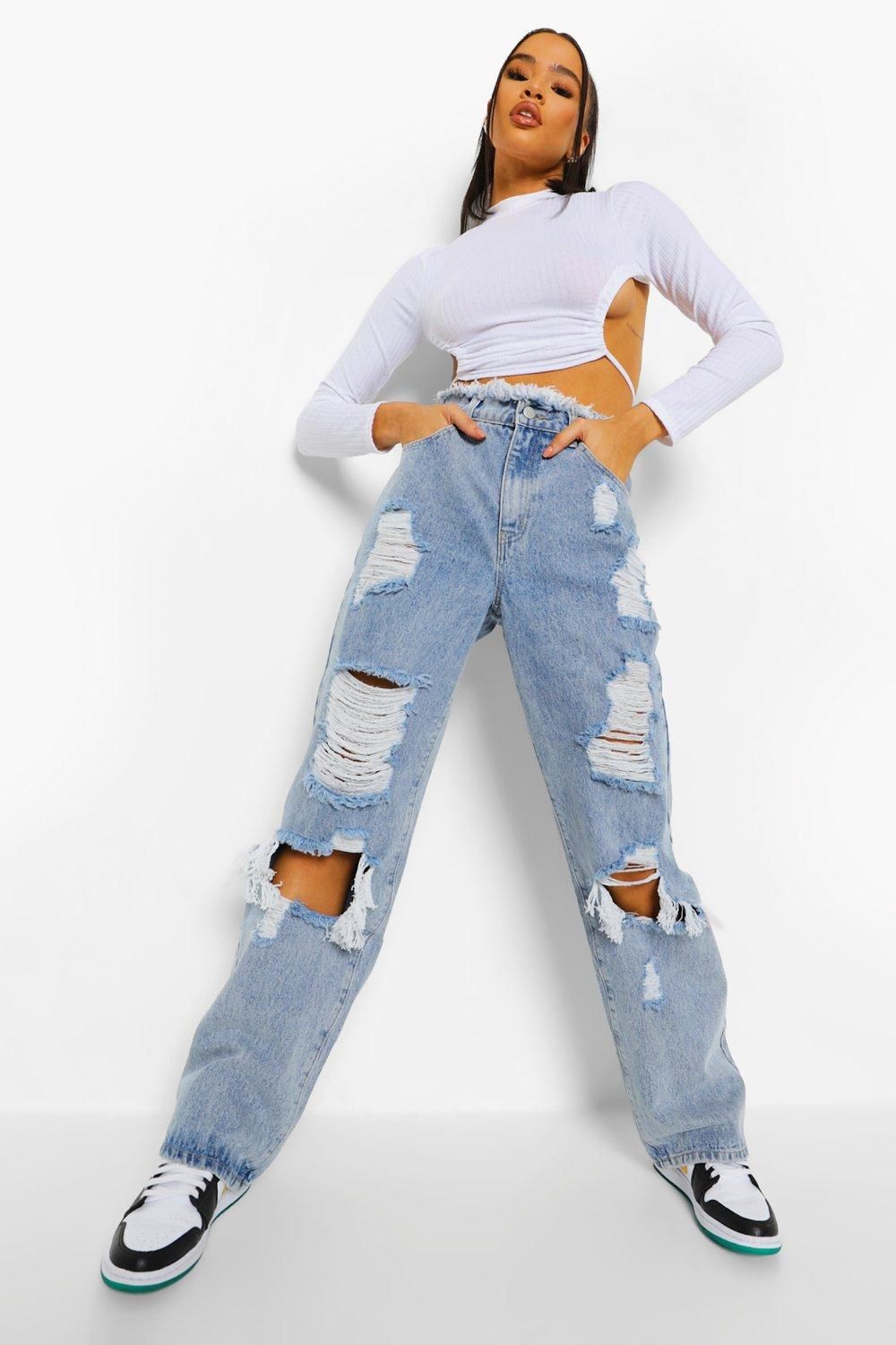 Womens Fray Waistband Distressed Boyfriend Jean - Blue - 4 | Boohoo.com (US & CA)