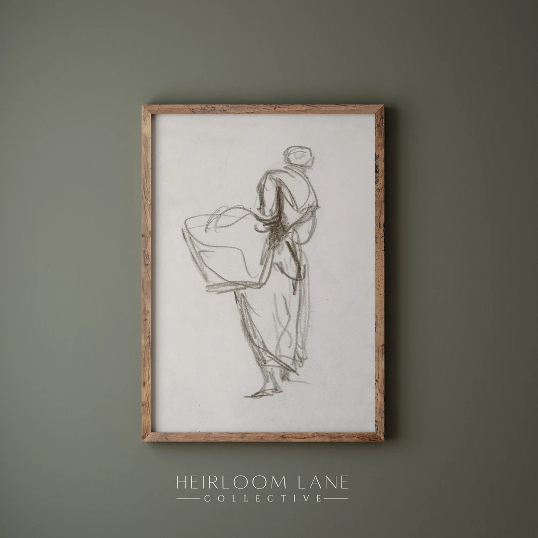 Vintage Woman With Laundry Basket Print Digital Download Farmhouse Sketch Artwork Country Cottage... | Etsy (US)