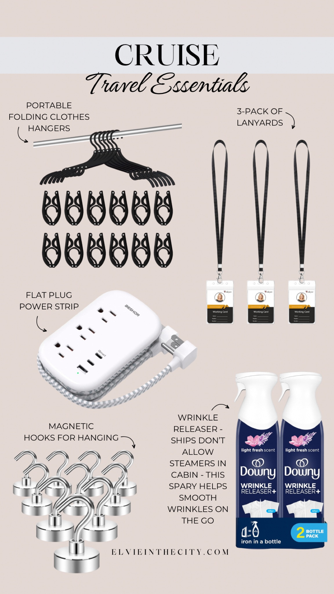 My cruise travel essentials include a pack of portable folding hangers, a three pack of lanyards, a flat plug power strip, magnetic hooks for hanging, and wrinkle release (ships don’t allow steamers in cabin, so this helps smooth wrinkles on the go). 

Travel must haves, Amazon, travel essentials, crisis essentials 

#LTKFindsUnder50 #LTKTravel