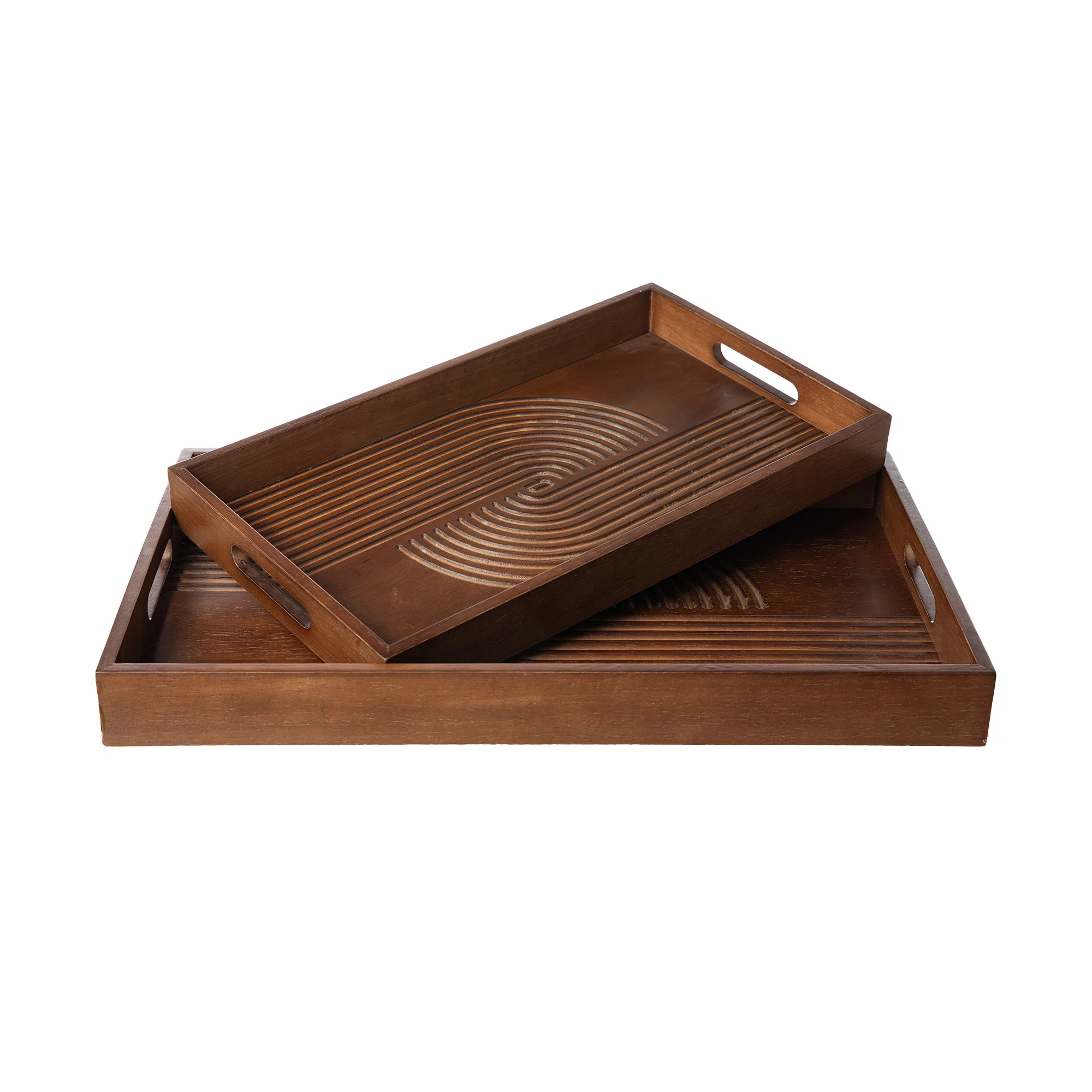 Rectangle Rubber Wood Abstract Trays With Handles (Set of 2) | Wayfair North America