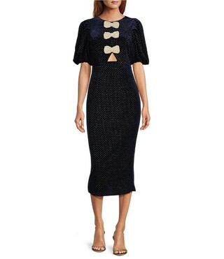 Velvet Polka Dot Pearl Bow Crew Neck Short Puff Sleeve Midi Dress | Dillard's