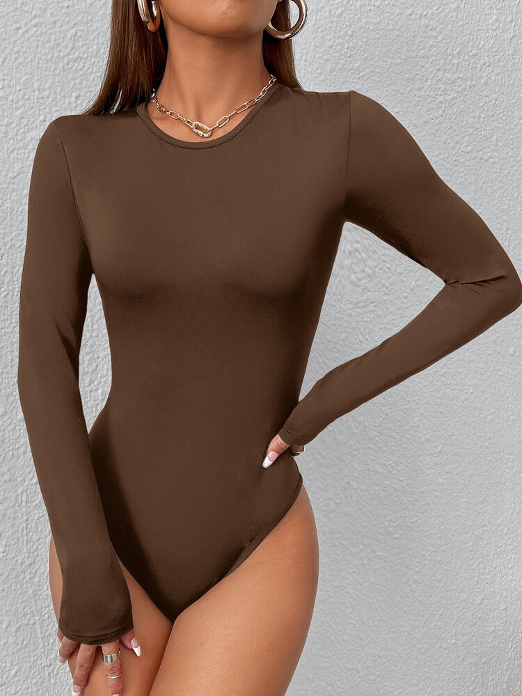 SHEIN PETITE Solid Slim Fit Tee Bodysuit | SHEIN