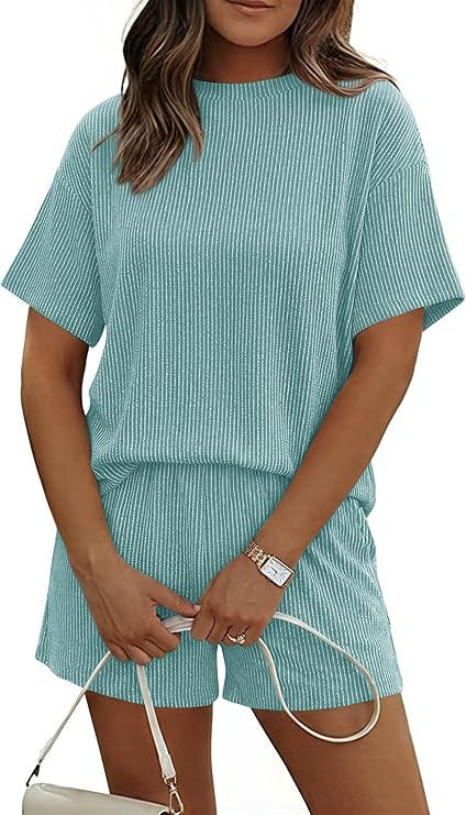 KIRUNDO 2 Piece Sets for Women Summer Lounge Set Ribbed Knit Short Sleeve Top Shorts Matching Air... | Amazon (US)