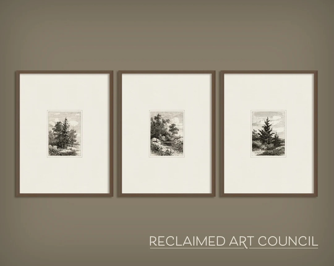 Vintage Etching Print Set of 3 Prints | Forest Etchings | Printable Wall Art | Farmhouse Gallery ... | Etsy (US)
