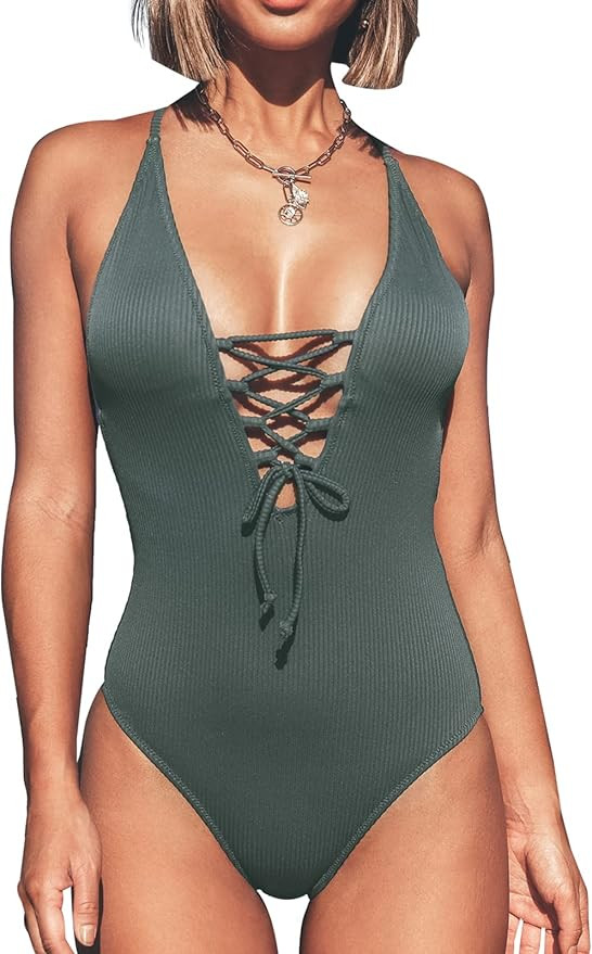CUPSHE Women's Solid Color V Neck Lace Up One Piece Swimsuit | Amazon (US)