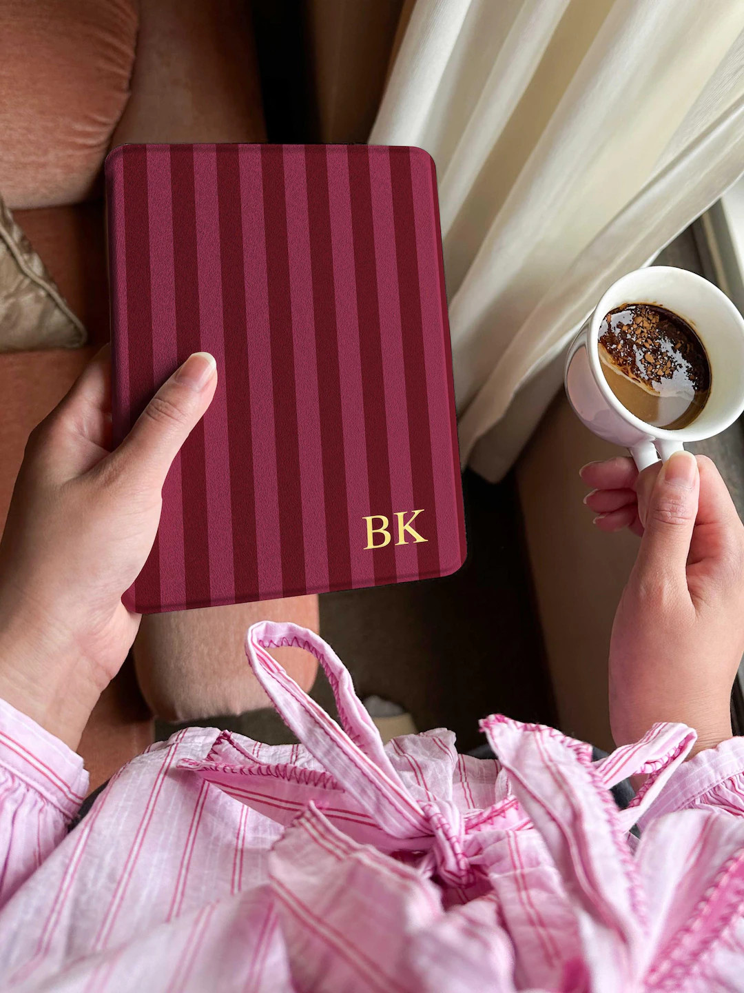 Personalised Burgundy Stripe Kindle Case – Custom Initial Foil – Classic Vintage-inspired E-r... | Etsy (US)