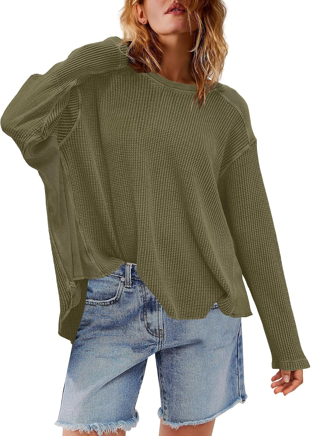 Womens Waffle Knit Tops Long Sleeve Tunic Top Oversized T Shirts Crewneck Casual Pullover Fall Outfits 2026 | Amazon (US)