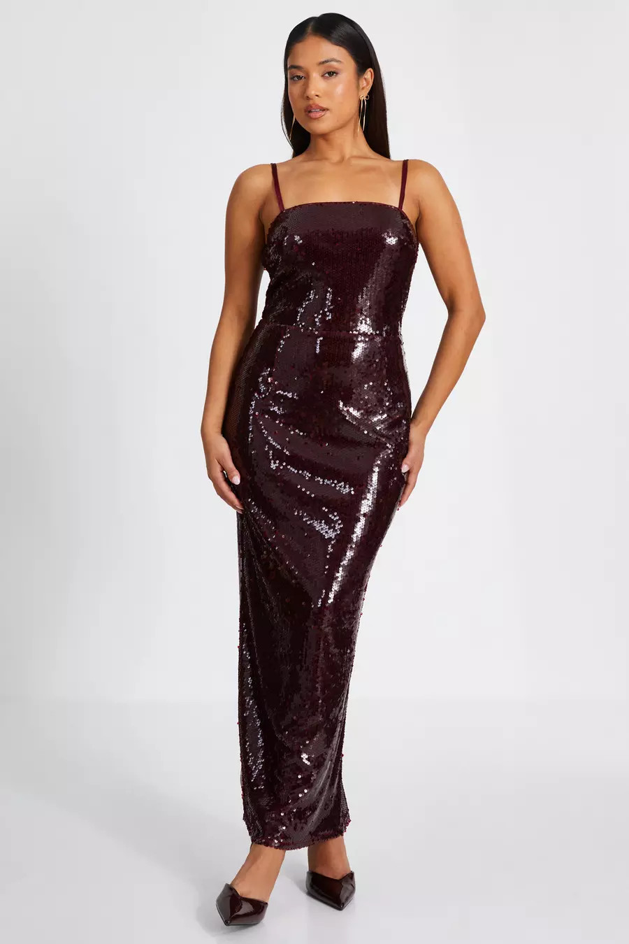 Petite Dark Red Sequin Midaxi Dress | Quiz Clothing