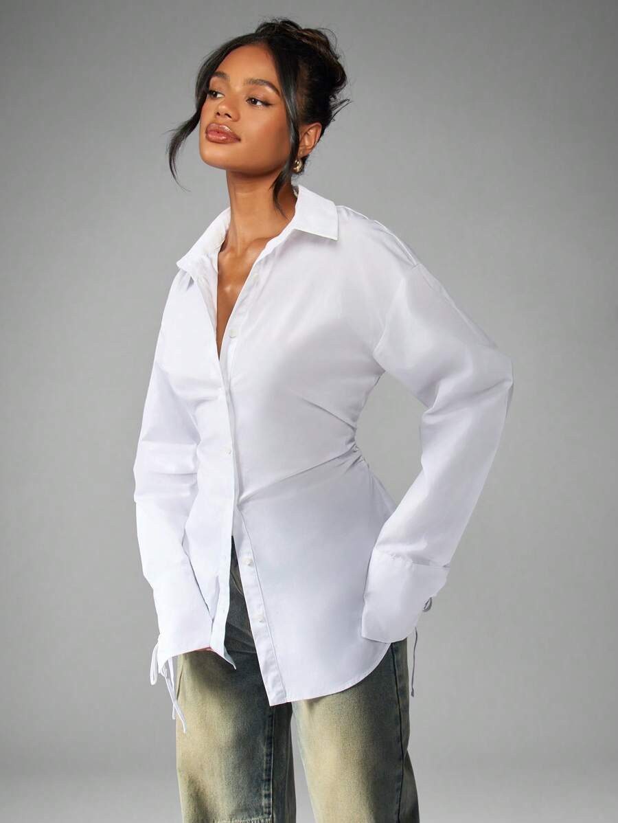 MISSGUIDED Classic White Button Down Office Blouse Professional Ruched Waist Tie Cuff Work Busine... | SHEIN