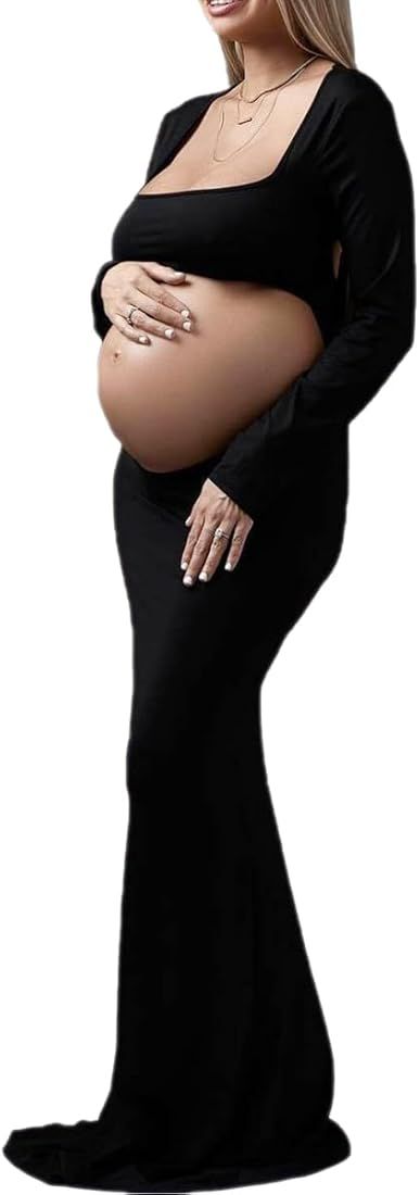 AIFOTO Maternity Dress Sexy Exposed Belly Long Sleeve Backless Square Neck Cutout Photography Dre... | Amazon (US)