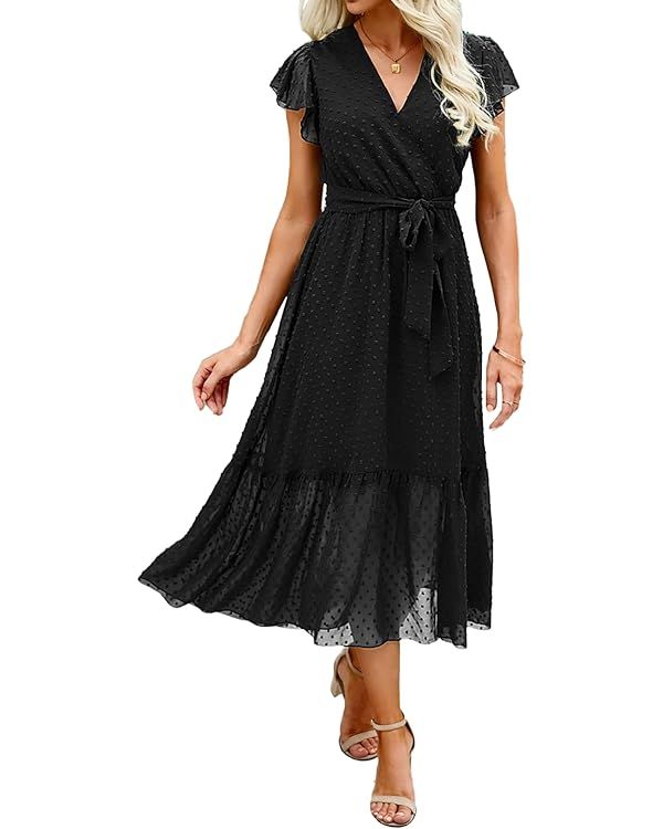 BTFBM Women Summer Bohemian Floral Casual Wrap V Neck Ruffle Cap Sleeveless Belt A-Line Pleated H... | Amazon (US)