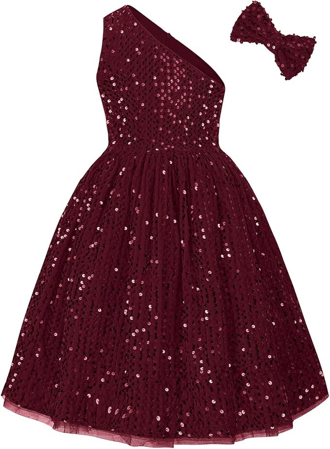 GRACE KARIN Girls Sequin Dress One Shoulder Sparkle Party Dress with Hair Bow | Amazon (US)