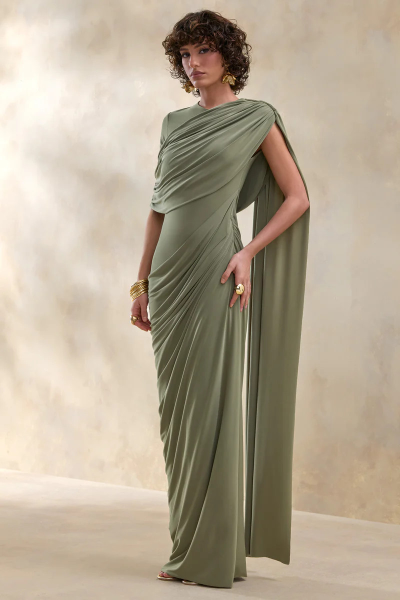 Gisara  Olive High-Neck Maxi Dress With Sash And Draped-Detailing | Club L London