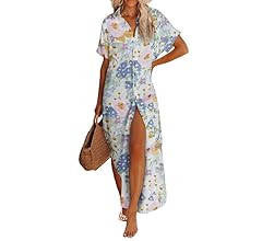 Dokotoo Womens Casual Short Sleeve Side Split Button Down Long Kimonos Cardigans Swimsuit Cover U... | Amazon (US)