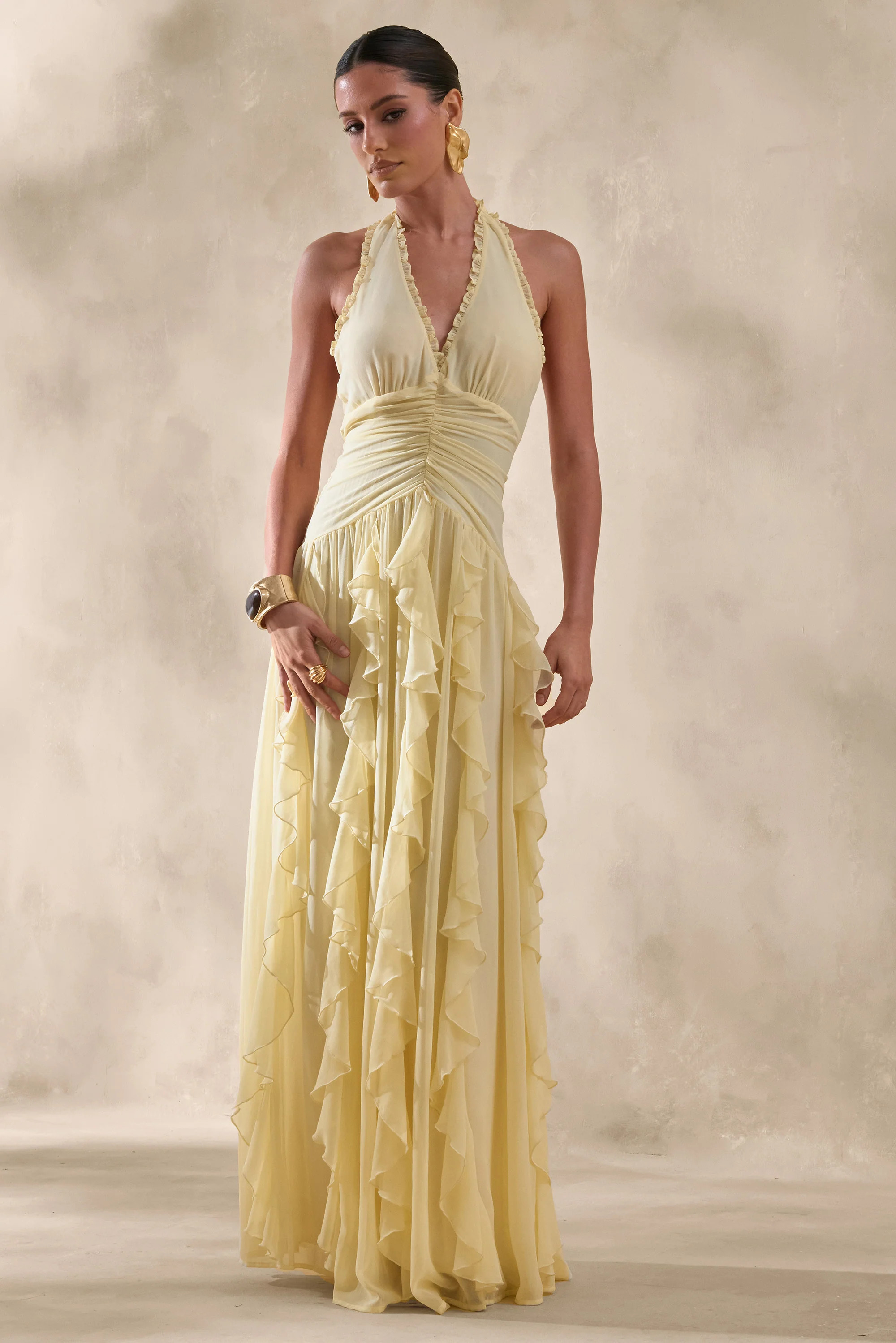 Bea | Lemon Plunge-Neck Ruffled Maxi Dress | Club L London