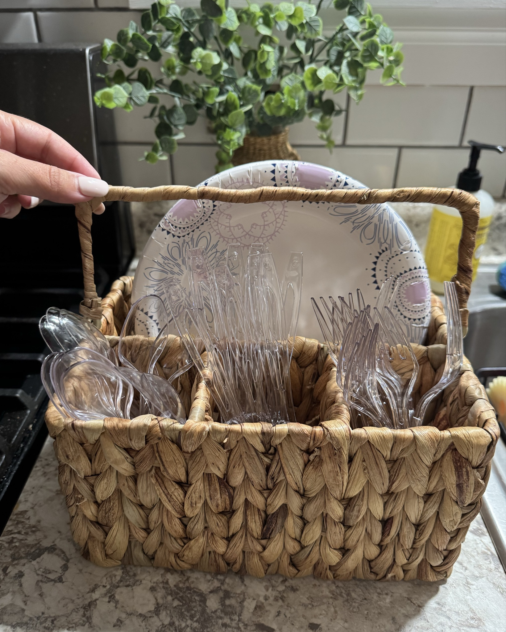 Rattan woven utensil basket for deck, patio, poolside, summer party, plates and silverware, utensil storage for outside, pool party, silverware organizer with handle 

#LTKSwim #LTKHome #LTKParties