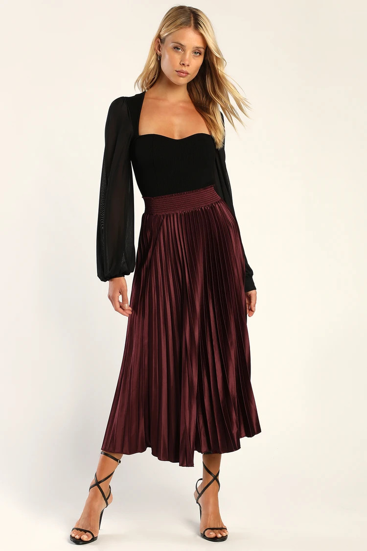 Sophisticated Vision Plum Satin Pleated Midi Skirt | Lulus