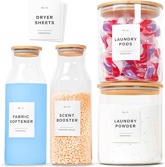 Glass Laundry Detergent Dispenser Containers with 36 Labels - Glass Jars with Lids - Laundry Room... | Amazon (US)