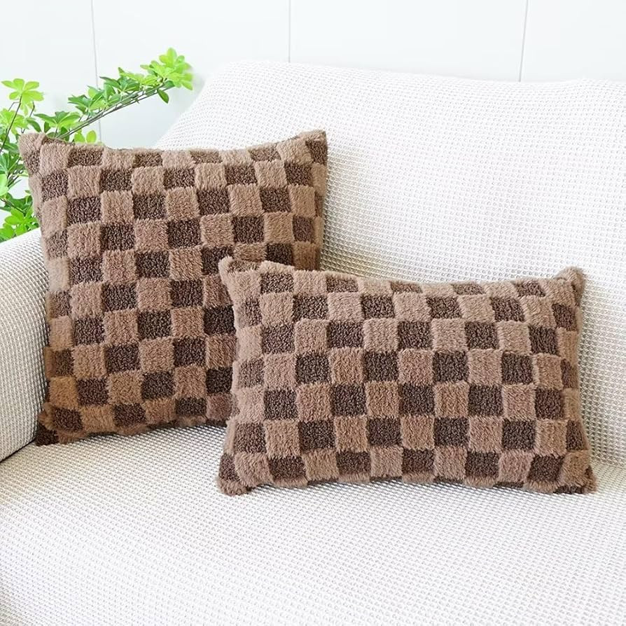 SKXKJian Faux Fur Decorative Throw Pillow Covers Fluffy Plush Checkerboard Cushion Cover Luxury S... | Amazon (US)