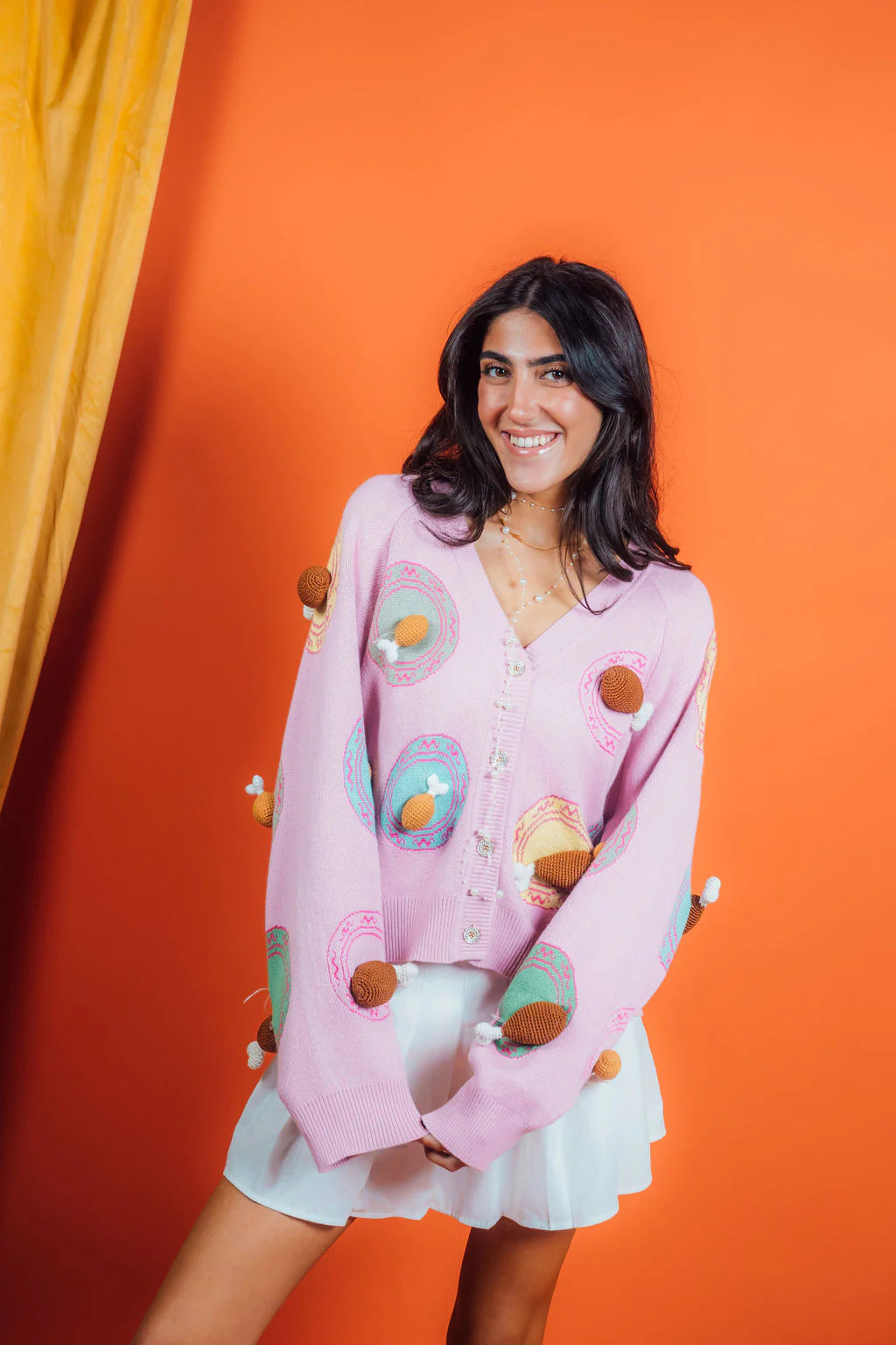 Pink Knit Turkey On Multi Plates Cardigan | Queen of Sparkles