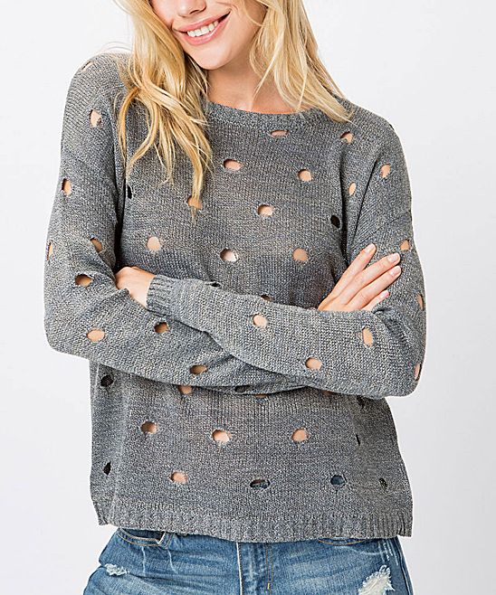 COZY CASUAL Women's Pullover Sweaters GREY - Gray Polka Dot Eyelet Sweater - Women | Zulily