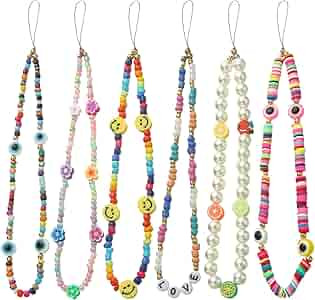 Taouzi 6PCS Beaded Phone Lanyard Wrist Strap Face Beaded Phone Charm Fruit Star Pearl Rainbow Col... | Amazon (US)
