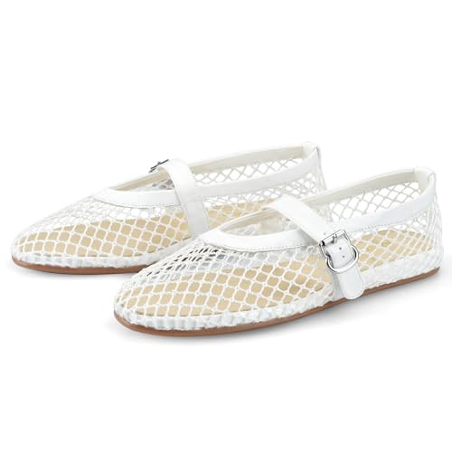 Adrizzlein Mesh Ballet Flats for Women White Ballerina Flats Buckle Strap Mesh Ballet Shoes Wide Width Fishnet Casual Summer Dress Flat Shoes White Size 6.5 | Amazon (US)