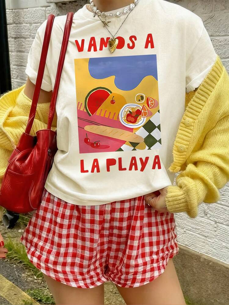 Sundraya Casual Cartoon Letter Print Short Sleeve T-Shirt, Summer | SHEIN