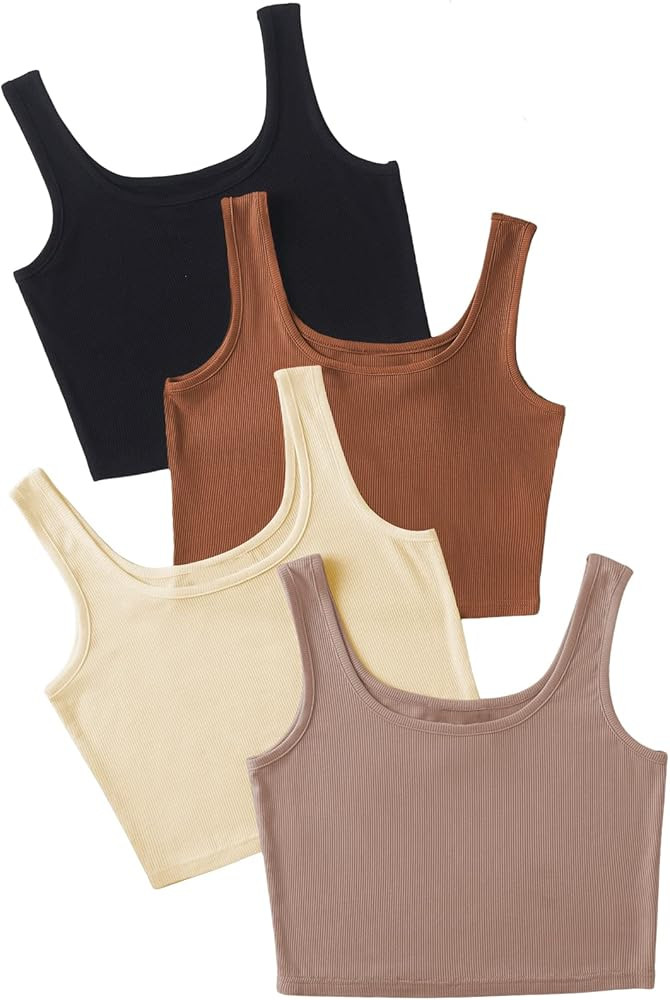 SheIn Women's 4 Pieces Scoop Neck Sleeveless Ribbed Knit Casual Tank Crop Top | Amazon (US)