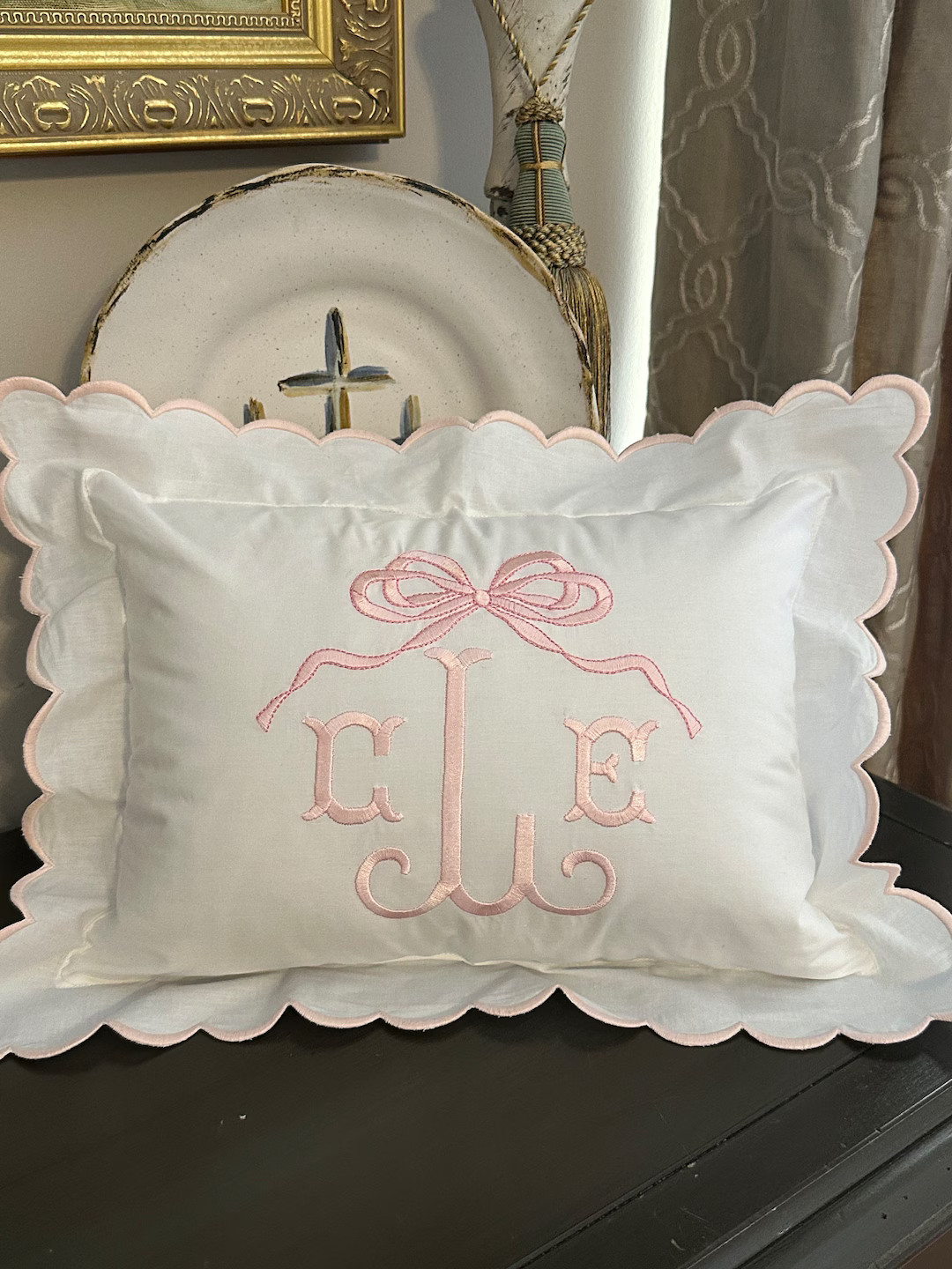 Pink Scallop Pillow, Monogram Nursery Pillow, Personalized Baby Gift, Bow Pillow, Decorative Thro... | Etsy (US)