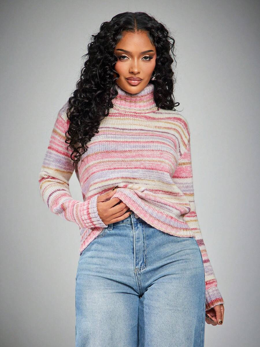 Radiana New Autumn/Winter Slouchy Rainbow Striped Turtleneck Sweater, Colorblock Retro Design Unique Knit Pullover Top For Women,ملابس شتوية للنساء,Christmas | SHEIN
