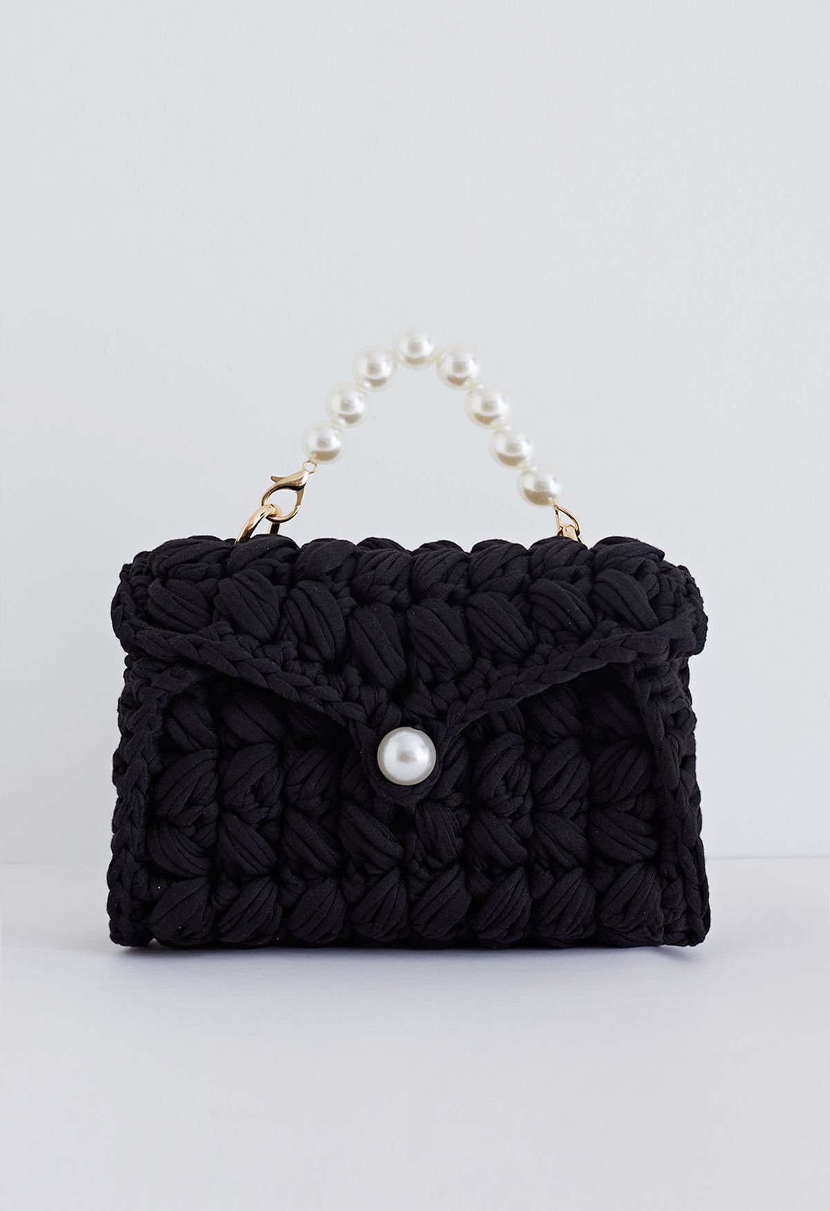 Pearl Chain Braided Chunky Knit Mini Bag in Black | Chicwish