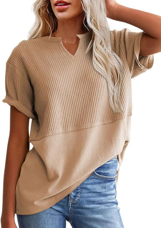 SHEWIN Womens Casual V Neck Waffle Knit Tops Short Sleeve T Shirts Loose Blouses | Amazon (US)