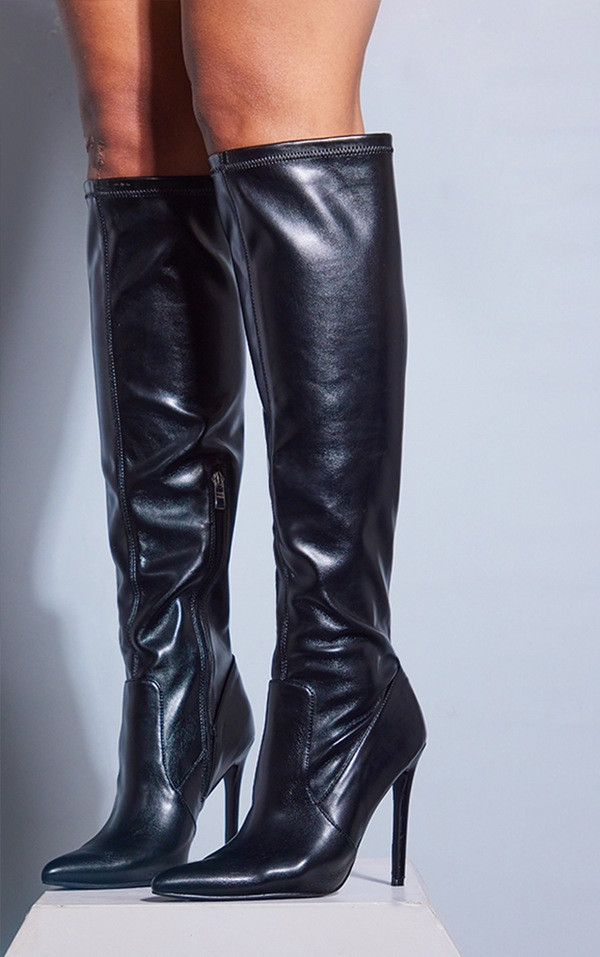 Black Pu Point Toe Stiletto Over The Knee Heeled Boots | PrettyLittleThing US
