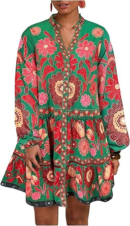 SOLY HUX Women's Floral Print Summer Short Dresses Boho Beach Long Sleeve Button Down Flowy Smock... | Amazon (US)