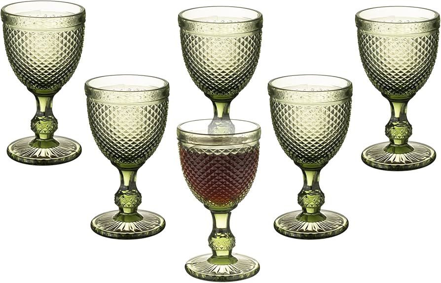 Green Vintage Wine Glasses Set of 6, 10 Ounces Colored Glass Water Goblets, Unique Diamond Emboss... | Amazon (US)