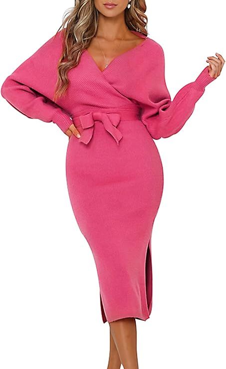 Panegy Women’s Longsleeve Pullover Sweater Dresses Tie Waist Knitted Tunic Dress | Amazon (CA)