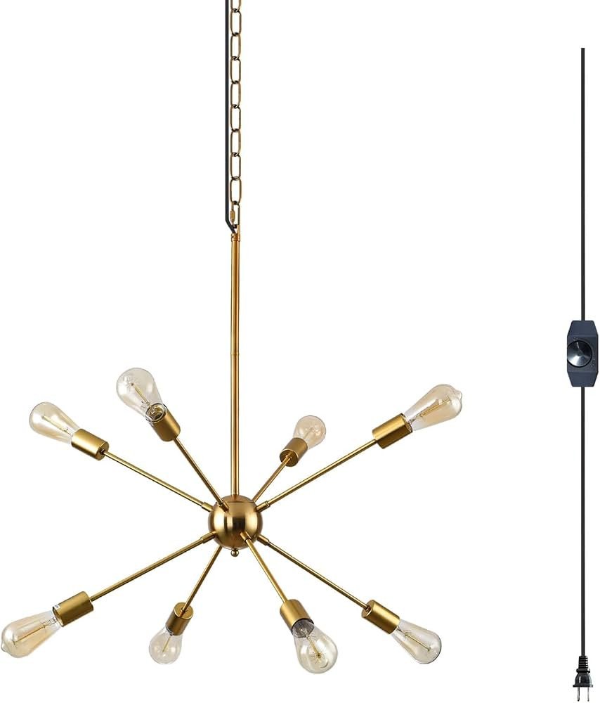 DIMMABLE 26.3" Modern Plug in Sputnik Chandelier with Cord, Brushed Brass 8-Lights Pendant Light ... | Amazon (US)