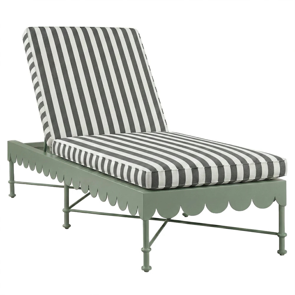 Delphine French Black Twill Stripe Sunbrella Green Aluminum Scalloped Outdoor Chaise | Kathy Kuo Home